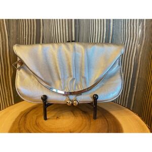 Hobo International Clutch Small Silver Metallic Leather Kiss Lock Evening Bag